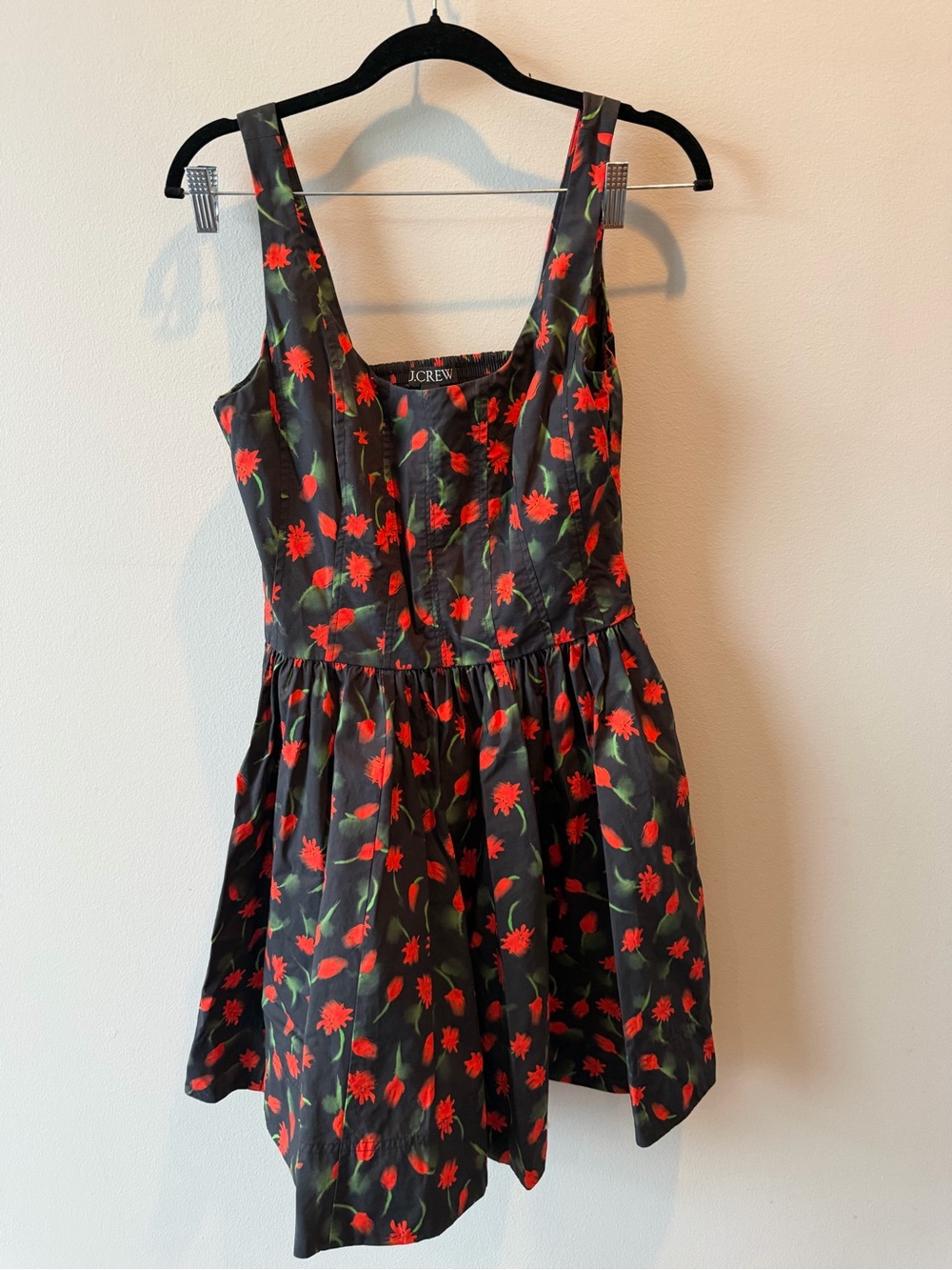 J. Crew Black Sleeveless Fit-and-Flare Dress with Red Floral Print